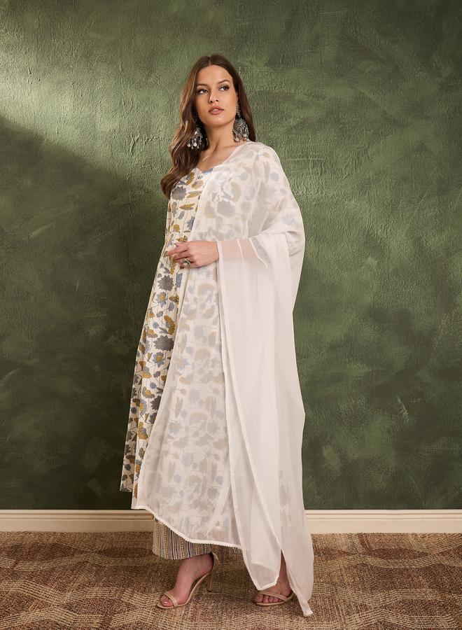 SASSAFRAS Women Off White Floral Anarkali Kurta with Pants and Dupatta Set - Image 3